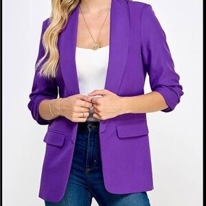 Purple Blazer with Notched Lapels and Three-Quarter Sleeves
